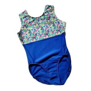 GK Elite VTG 1992 Blue Teal Floral Cotton Leotard Bodysuit Stretch AL Adult L